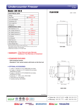 Turbo Air EUF-28-N manufacturer specification table and top and side plan views