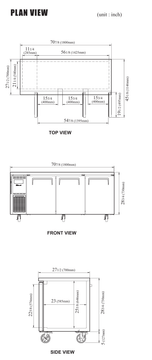 Turbo Air JUR-72-N6 manufacturer top, front and side plan views with cabinet dimensions and door clearance; cabinet dimensions exclude rear spacer and caster allowances noted in the specifications.