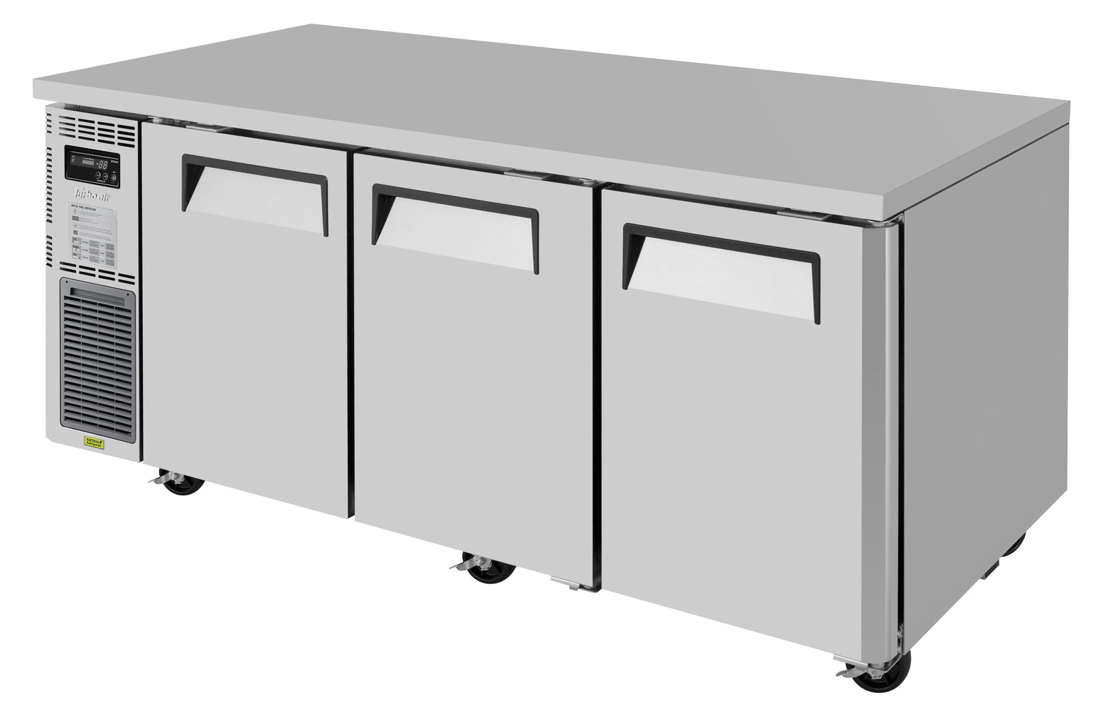 Turbo Air JUR-72-N6 three-door stainless steel undercounter refrigerator, right-front view