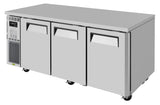 Turbo Air JUR-72-N6 three-door stainless steel undercounter refrigerator, right-front view