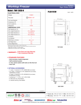 TWF-28SD-N original manufacturer technical page with exact freezer plan, front and side views.
