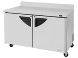 Turbo Air TWF-60SD-N stainless steel two-door worktop freezer, with rear backsplash, locking solid doors and external freezer temperature display.