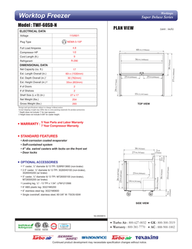 TWF-60SD-N original manufacturer technical page with exact freezer plan, front and side views.