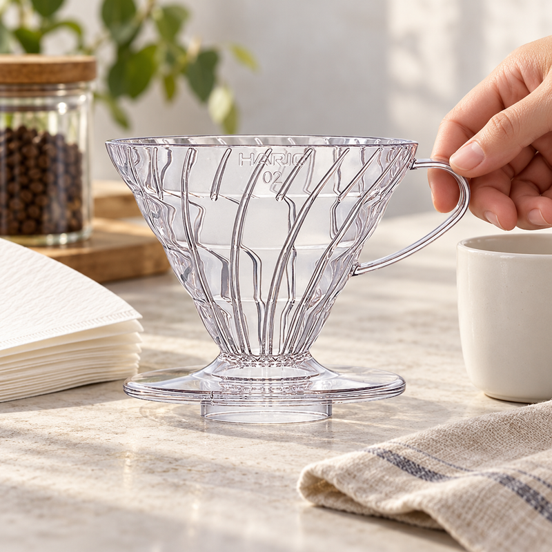 Transparent HARIO V60 02 dripper beside paper filters during coffee preparation