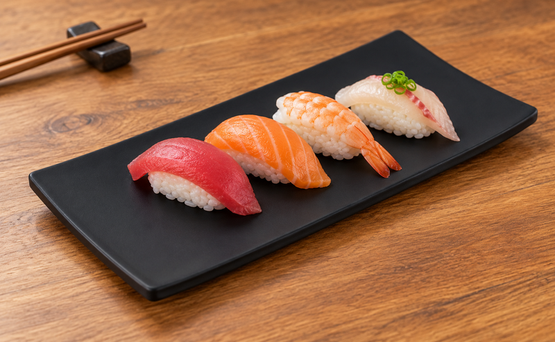 WB-62 matte black melamine plate with sushi