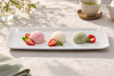 WB-113 white Ecus melamine rectangular plate serving mochi and strawberries