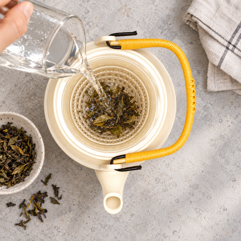 WH-11-7 bamboo-pattern teapot with seated basket during tea preparation