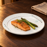 JX210-W white Aqua-Blossom round plate with salmon and asparagus