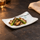 JX211-W white Aqua-Blossom deep rectangular with grilled mushrooms and asparagus