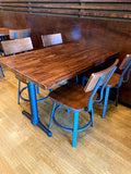 White oak butcher block tabletops in light walnut finish in restaurant setting; bases and other furniture not included; dimensions vary by size