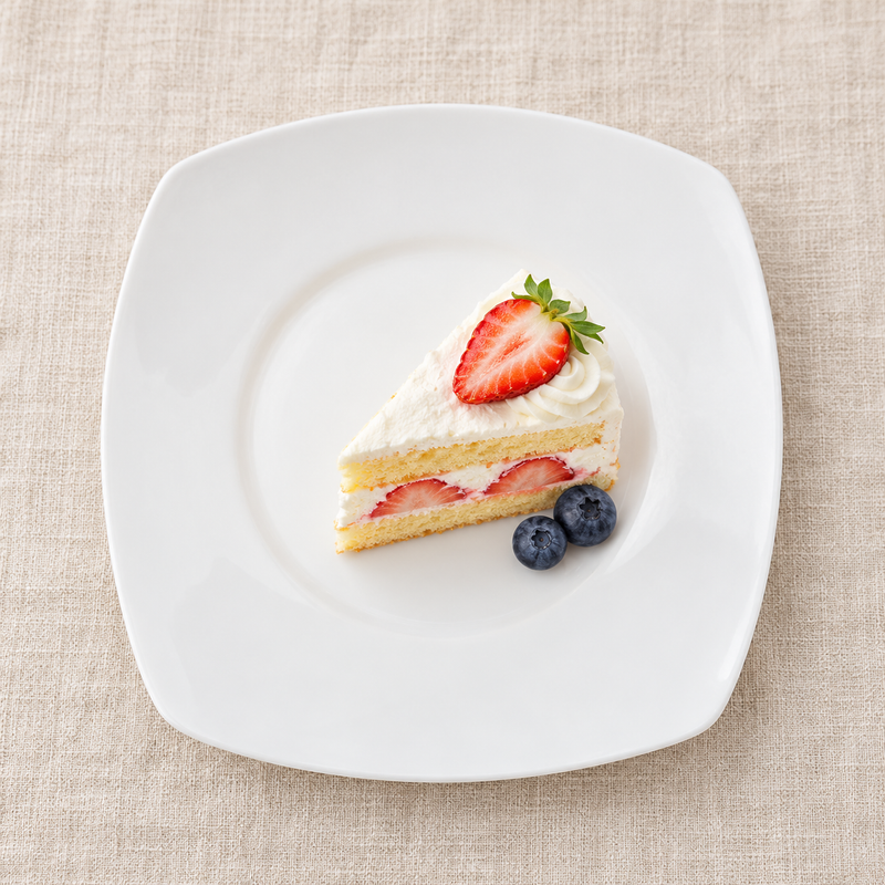White rounded-square ceramic plate with strawberry shortcake