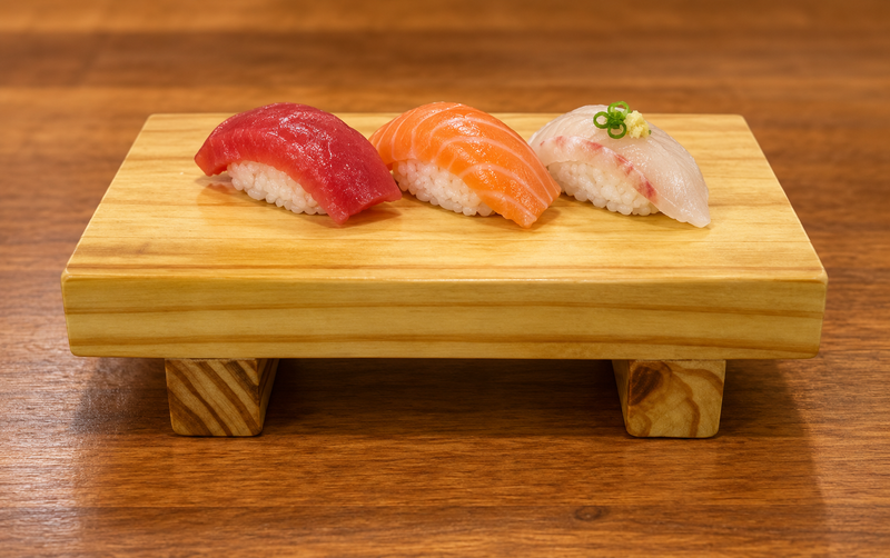 WSPW001 wooden sushi geta with a sushi arrangement