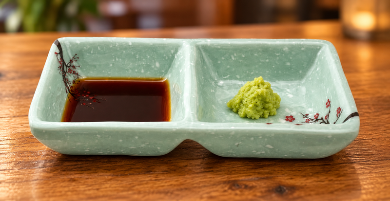 Mint-green floral divided sauce dish with soy sauce and wasabi