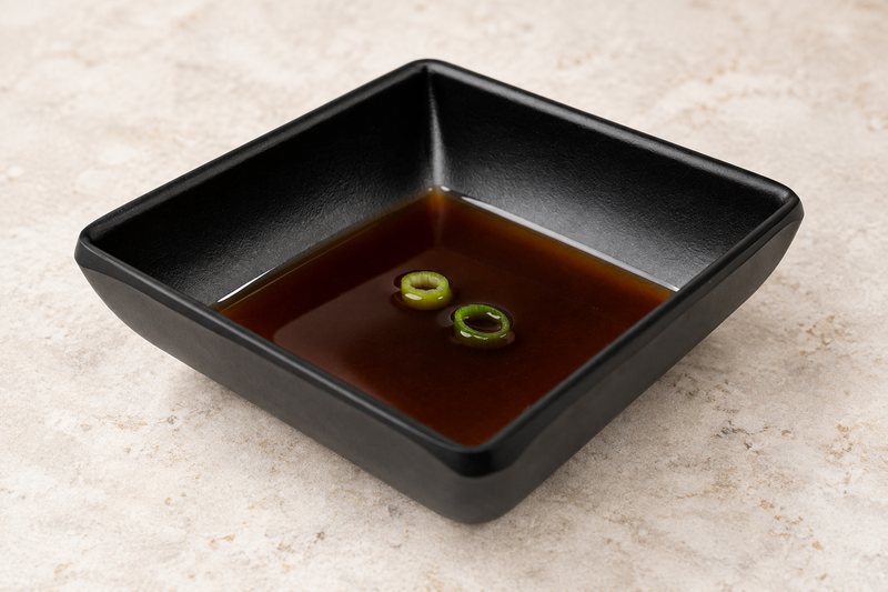 Matte black square sauce dish with ponzu and scallion rings