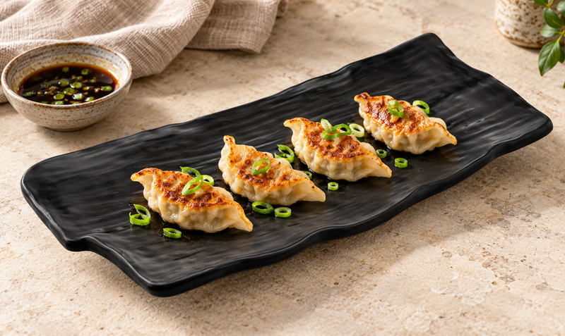 YG-5414MB matte black rectangular platter with gyoza and scallions