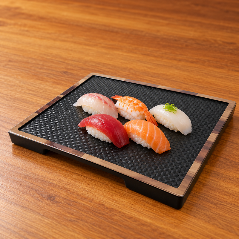 YG-7015MW black textured melamine platter with brown border serving sushi