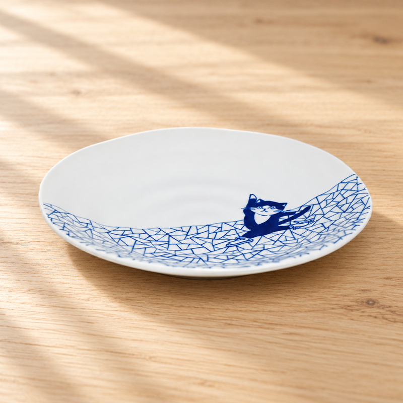 6½″ Blue & White Ceramic Skating Cat Round Plate — on a pale wood tabletop