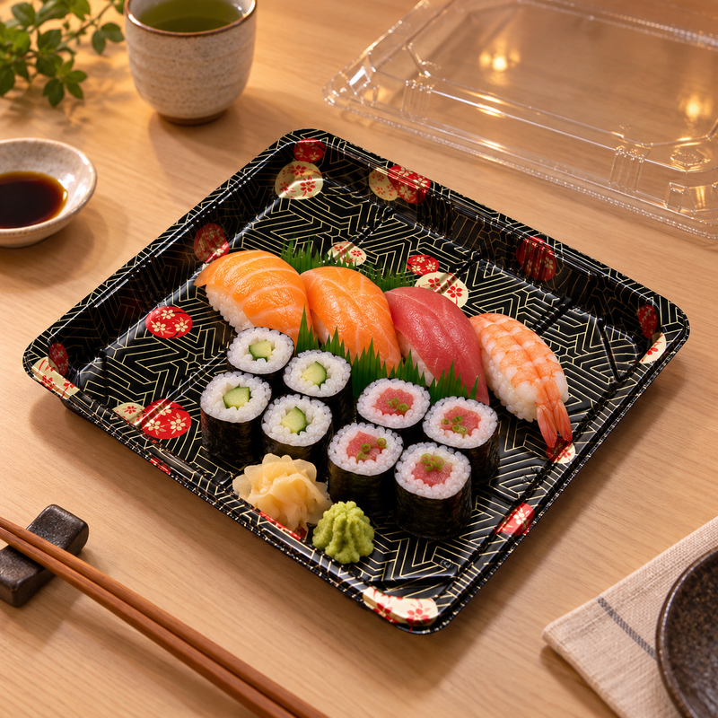 ED-4.0 sushi tray in a takeout dining setting
