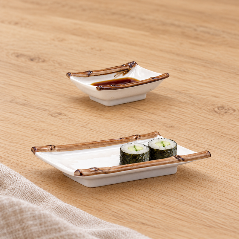 YQ3-T rectangular porcelain plate with two maki pieces and companion dish with dipping sauce
