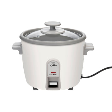 Zojirushi NHS-06WB white three-cup rice cooker with a glass lid, side handles and a single Cooking indicator.