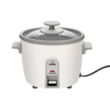 Zojirushi NHS-06WB white three-cup rice cooker with a glass lid, side handles and a single Cooking indicator.