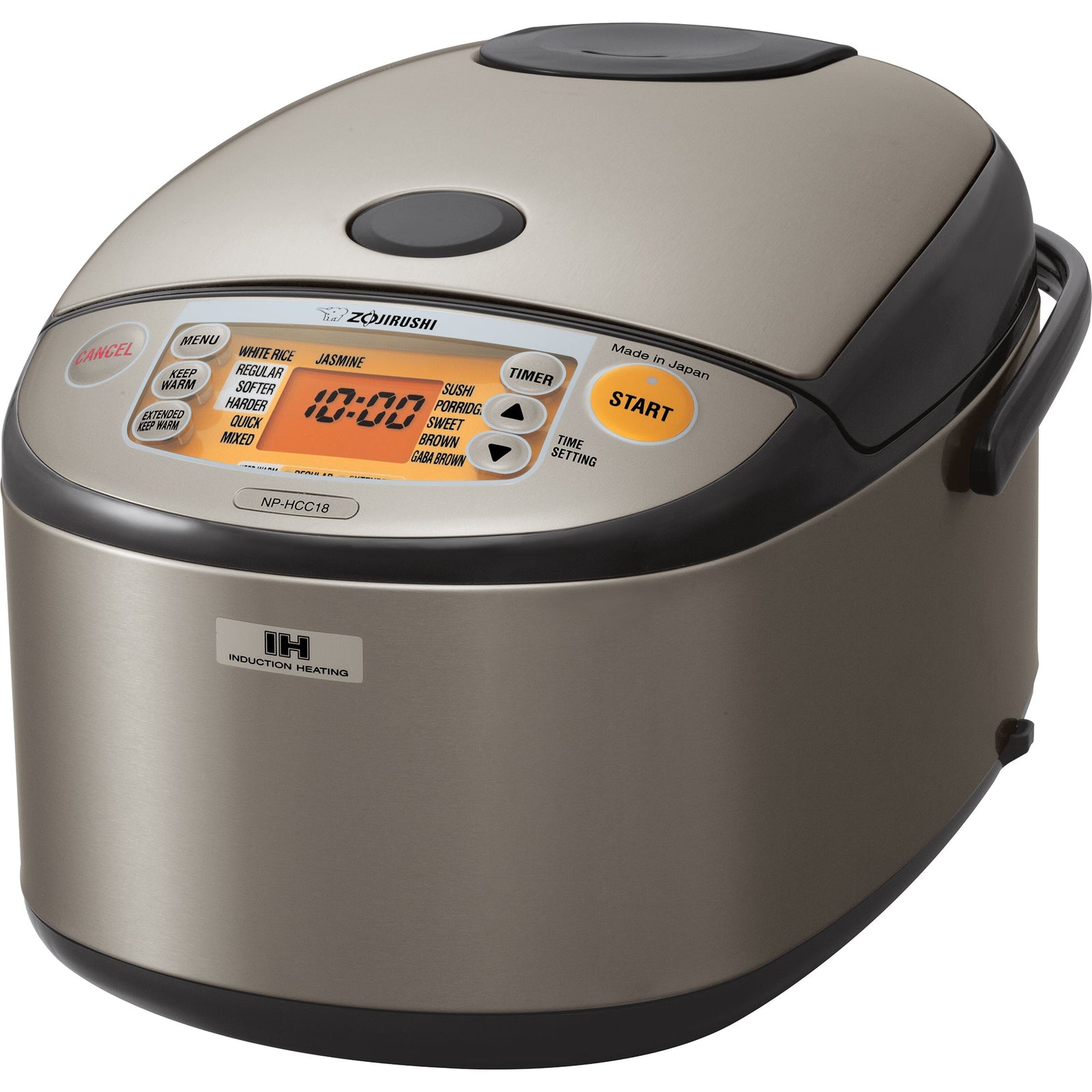 Zojirushi NP-HCC18 Stainless Dark Gray induction-heating rice cooker with an orange LCD control panel, hinged lid and carrying handle.