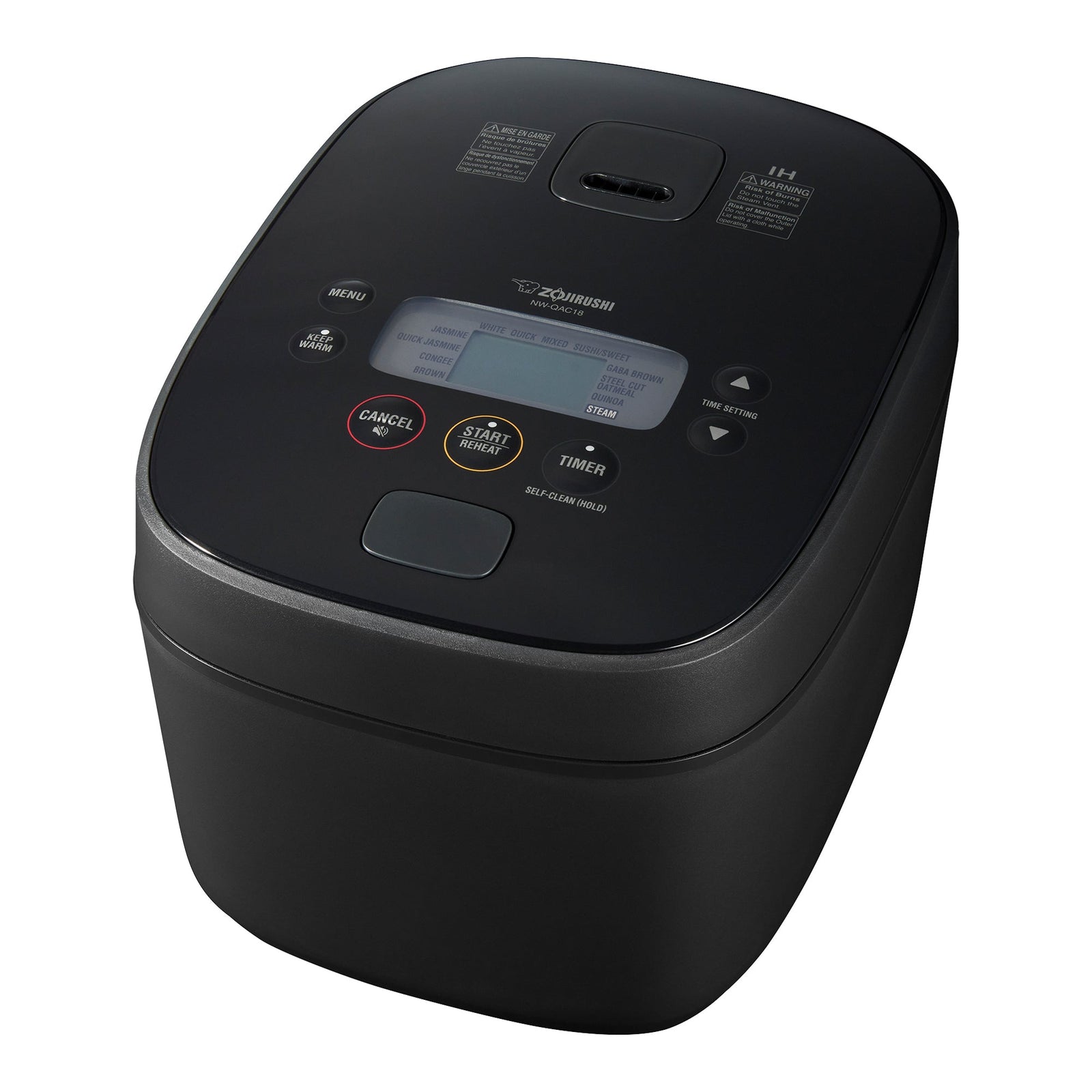 Zojirushi NW-QAC18 Black induction-heating rice cooker with a flat hinged lid and top LCD control panel.