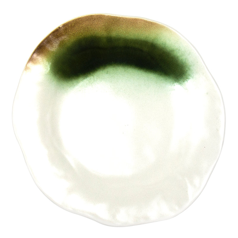 0101 ivory green and brown melamine plate, overhead view