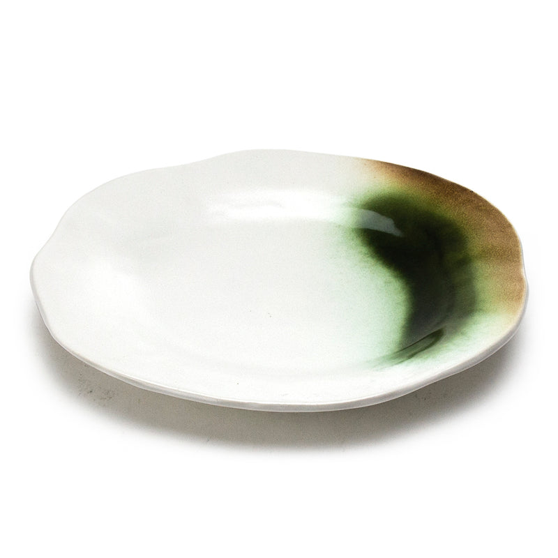 0101 ivory green and brown melamine round plate, oblique view