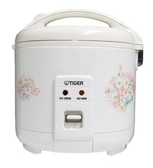 Tiger JNP rice cooker with a white floral body, carrying handle, front switch and Rice Cooking and Keep Warm indicator lights.
