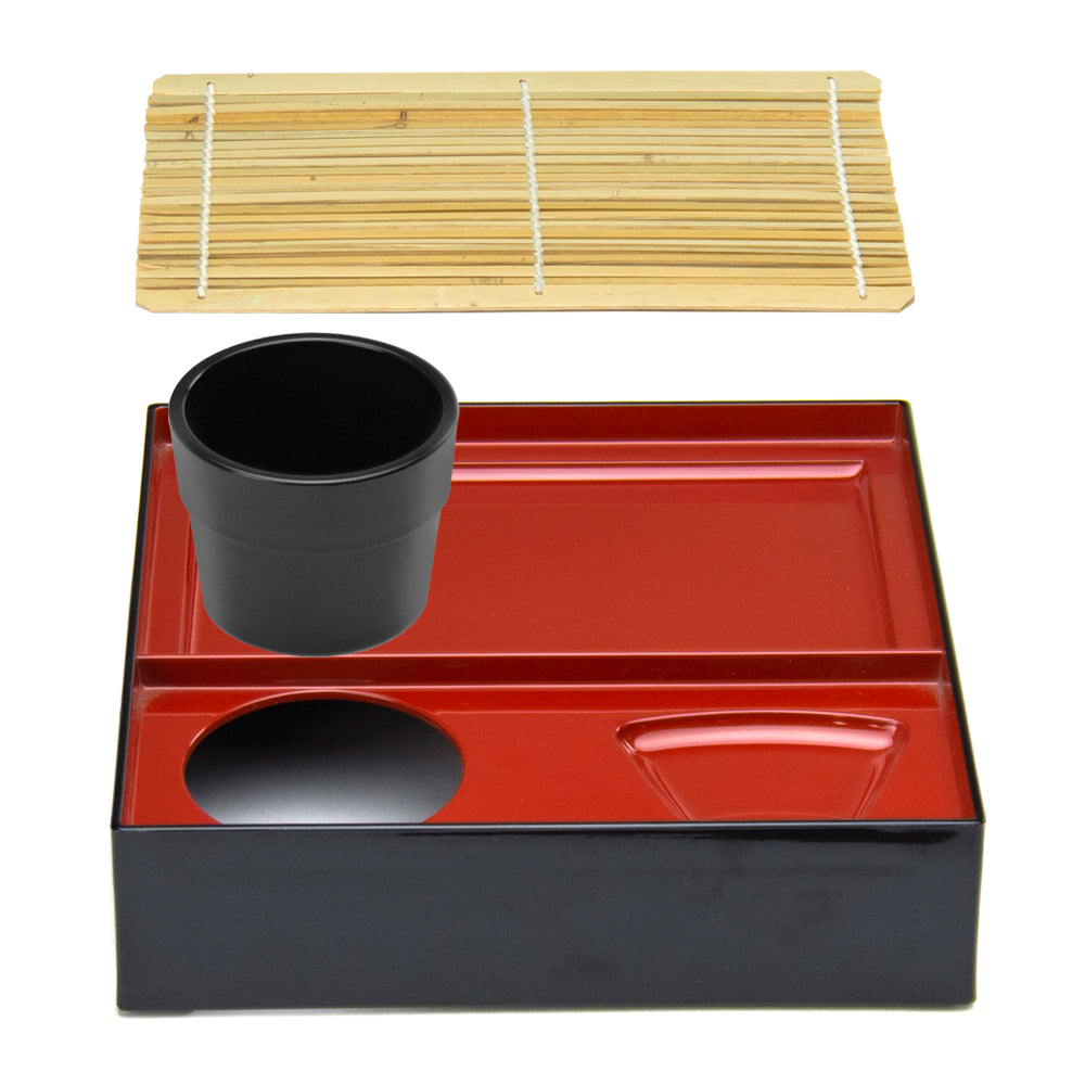 Soba Zaru Set for 1 - Bamboo Mat, Tray, and Bowl, Black/Red