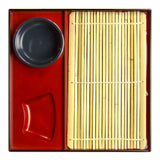 Soba Zaru Set for 1 - Bamboo Mat, Tray, and Bowl, Black/Red