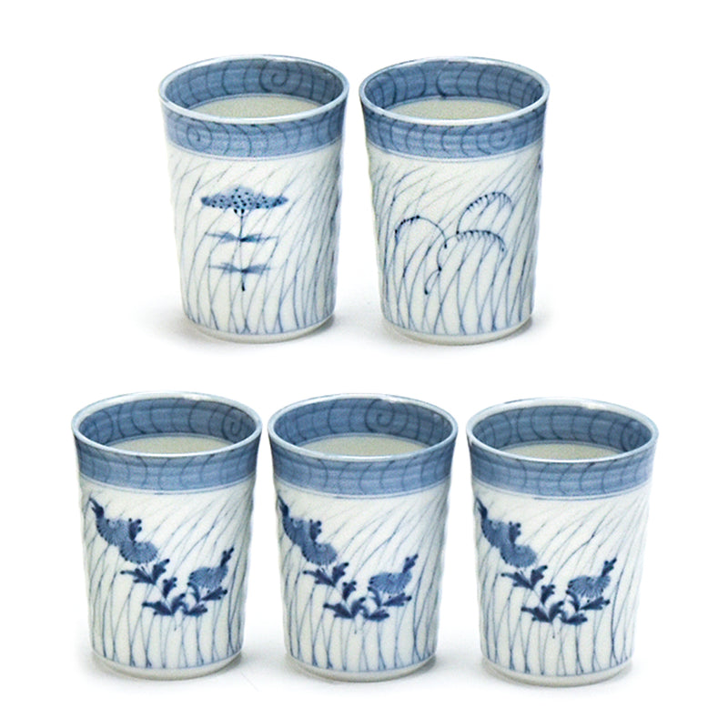 Five blue-and-white porcelain cups in the 11790 Long Grass sake cup set