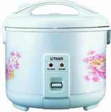 Tiger JNP rice cooker with a white floral body, carrying handle, front switch and Rice Cooking and Keep Warm indicator lights.