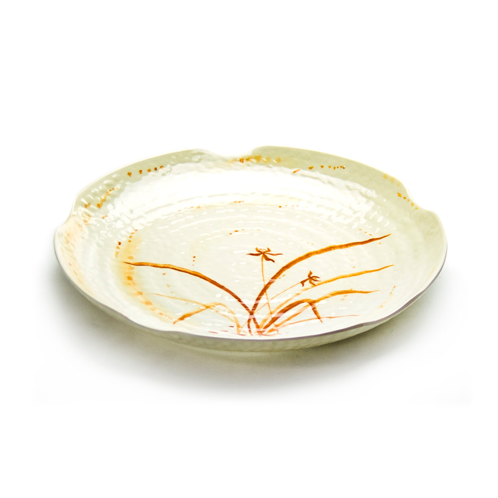 12" Melamine Lotus Shape Plate, Gold Orchid