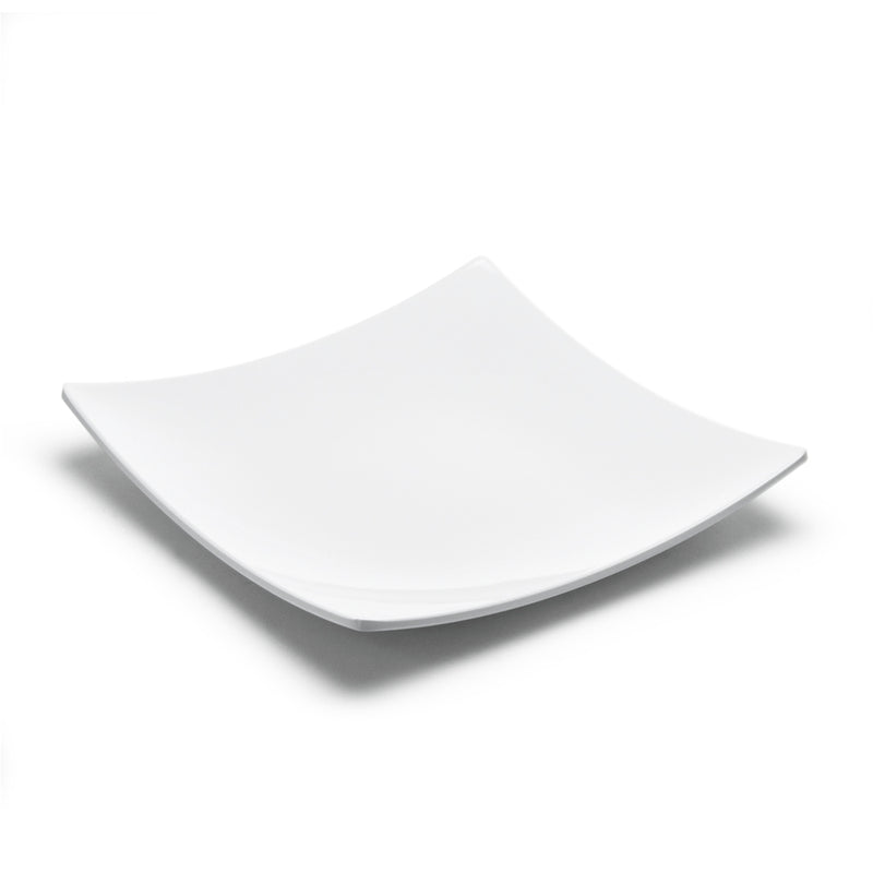 Angled view of the white 24010WT square flare plate with curved sides and lifted corners.