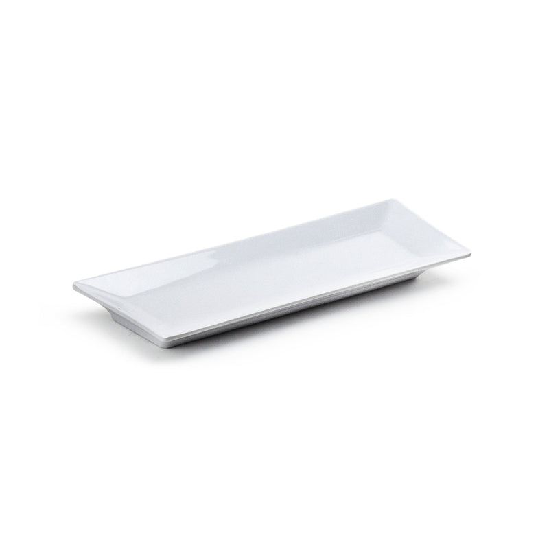 Angled view of the white 29110WT rectangular melamine plate with a long center and gently raised edges.