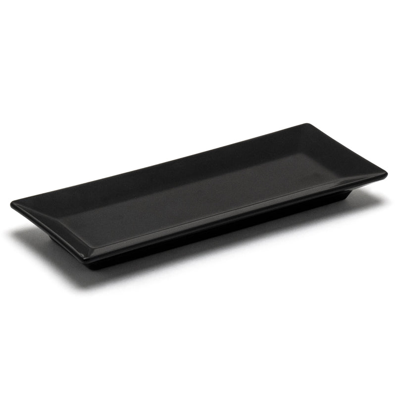 Black melamine rectangular platter with a long narrow well and raised sloping rim, shown without food.