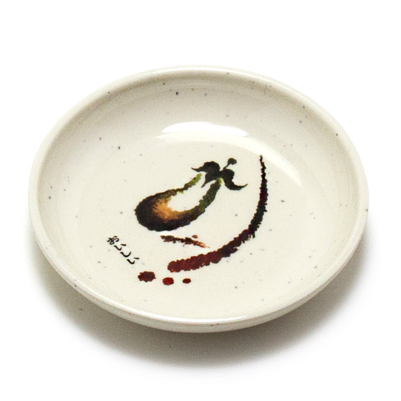 305-E Eggplant-pattern melamine sauce dish — artwork within a simple round rim