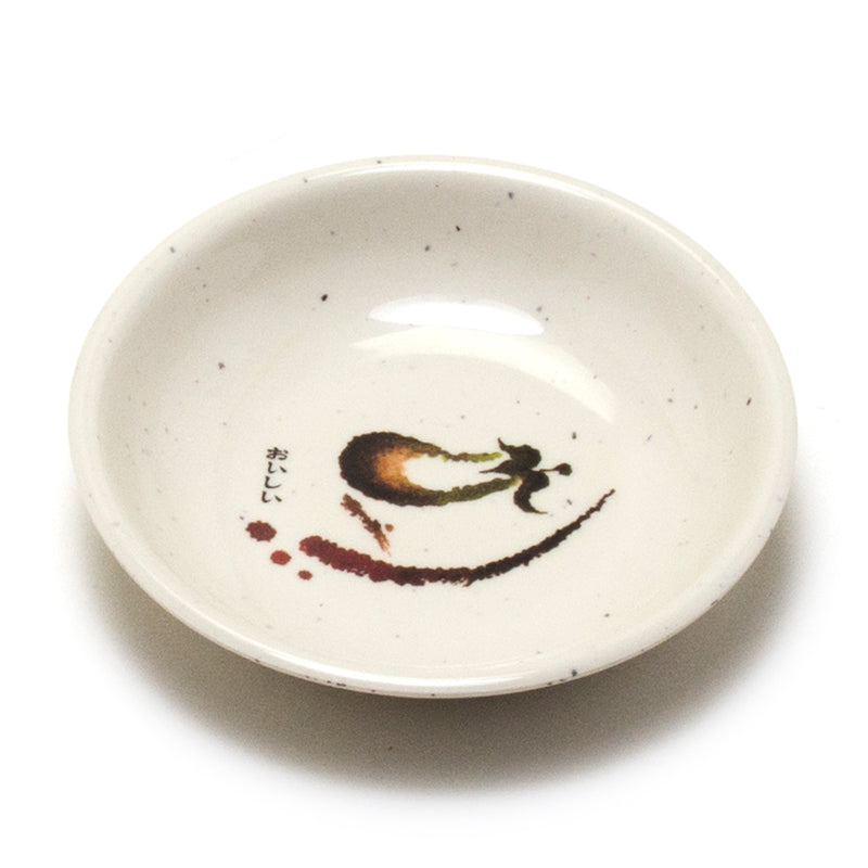 326-E Eggplant-pattern melamine sauce dish — a curved rim around the central motif