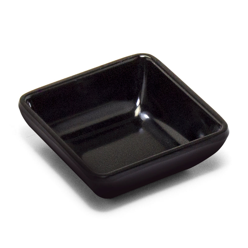 Angled view of the 334-AB black square sauce dish showing rounded corners and sloping inner walls.