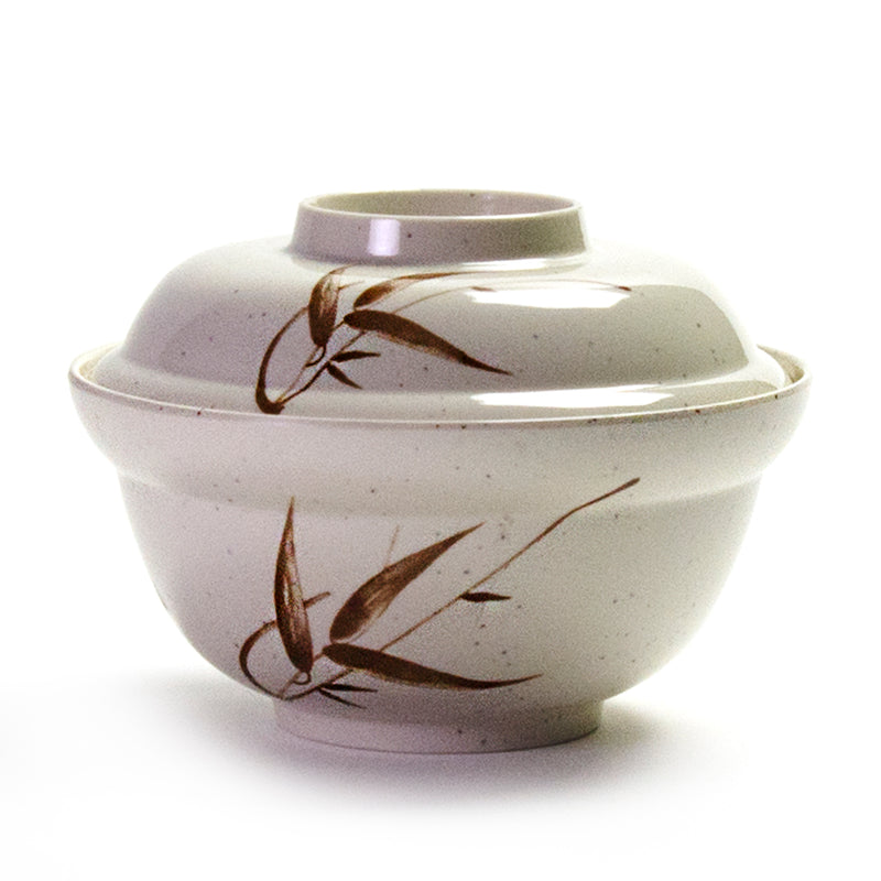 6046-J beige speckled melamine udon bowl with matching Autumn Grass cover