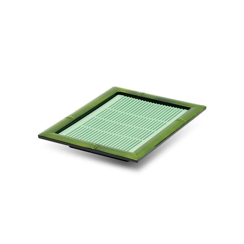 606-S-G green lacquer tray with bamboo-like border and plastic mat