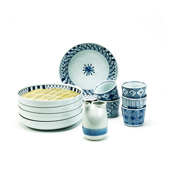 Soba Plates & Cup Set, Serving for 5, Blue/White