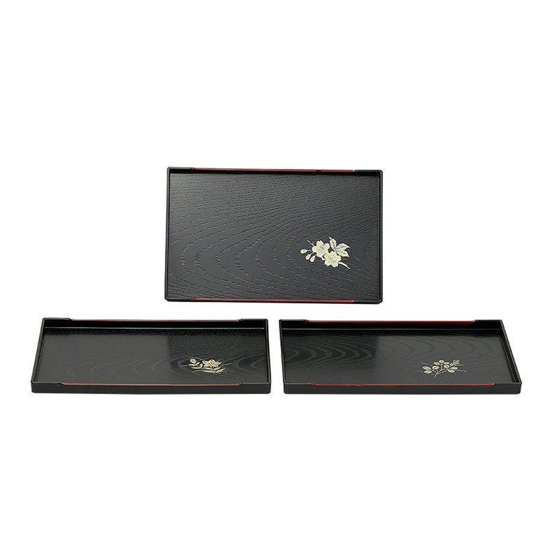 7B-006 rectangular floral lacquer trays with low sides and red edge accents