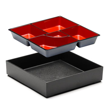 Lacquer Square Lunch Box 9-1/2"X2-1/4", Black/Red