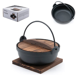 Iron Nabe Pot w/ Wooden Lid and Base 6.75"D