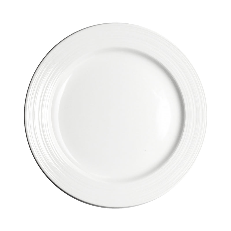 10½″ White Ceramic Round Plate — Ridged Rim — A Refined Rim