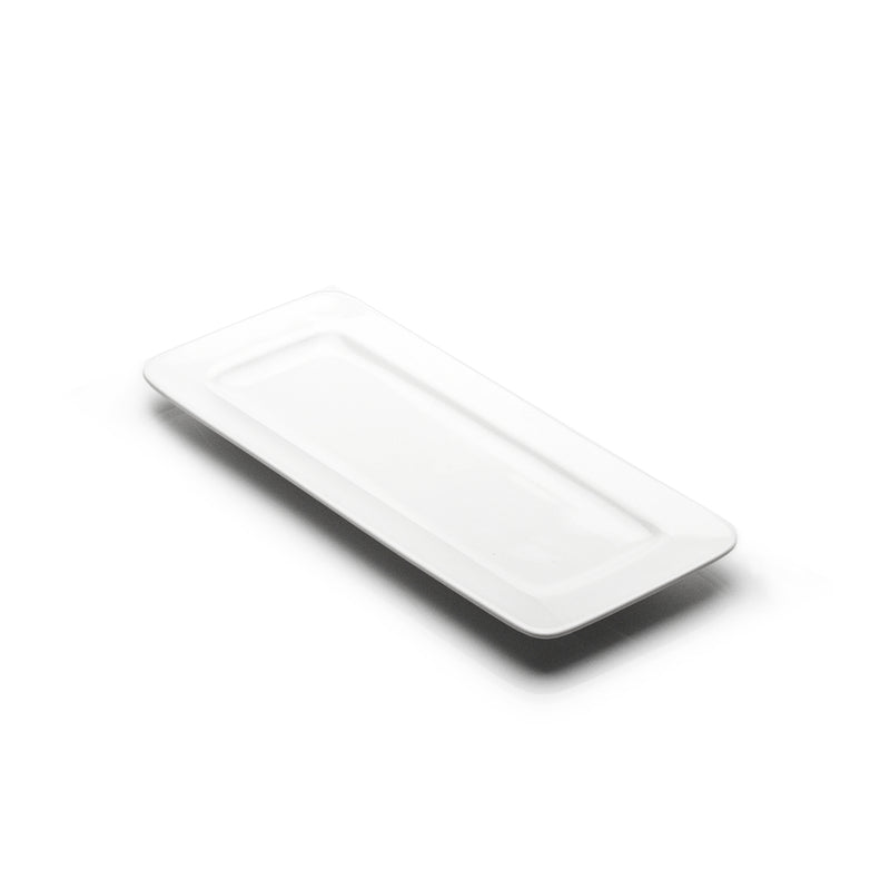 10″ × 4¼″ White Ceramic Rimmed Rectangular Plate — A Long Recessed Center