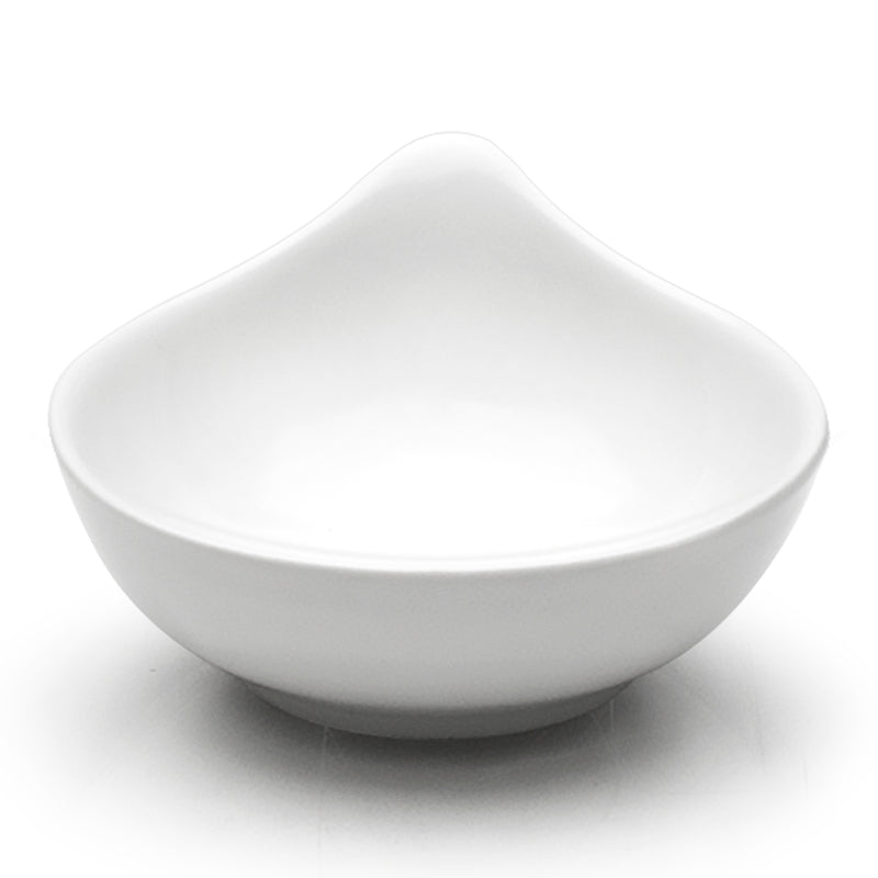 Angled view of the A0117 white ceramic tempura bowl with one raised rim point and a low circular foot.